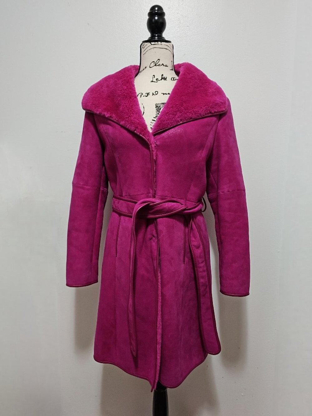New Real Merino Sheepskin Shearling Lamb Fur Jacket Hot Neon Pink Fuchsia Belted
